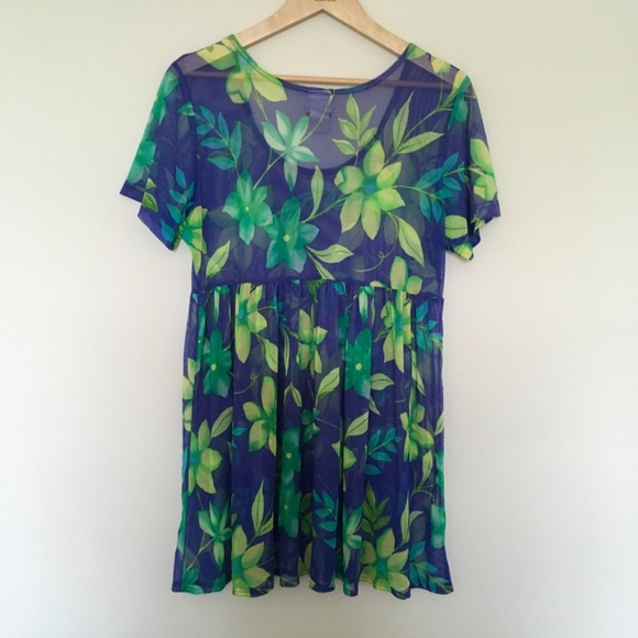 VTG Cole of California Blue Green Floral Mesh Sheer Cover Up Babydoll Dress M/L - Picture 6 of 14